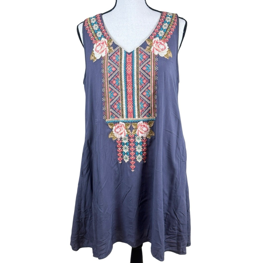 Andre by Unit Embroidered Tunic Dress Women Small Blue Boho Floral Sleeveless‎